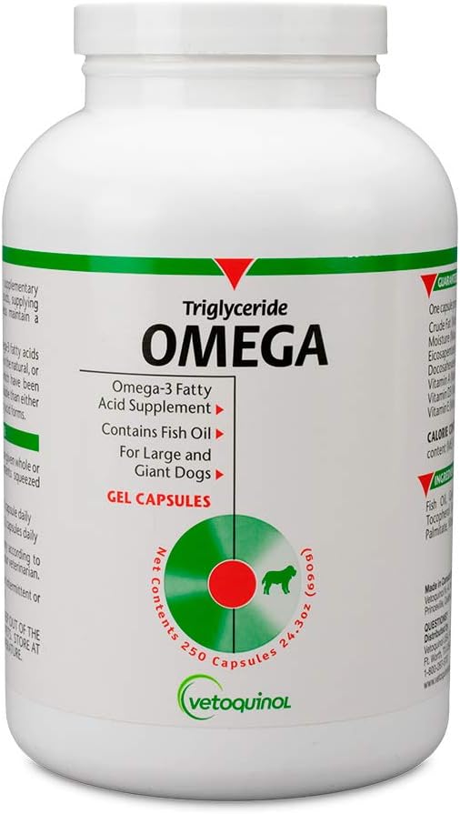 Vetoquinol Triglyceride Omega 3 Supplement for Large Dogs, Dog Fish Oil Supplement with EPA and DHA, Promotes Skin, Coat, Joint, and Immune Health, Omega 3 Fish Oil for Dogs 60lbs or More, 250ct