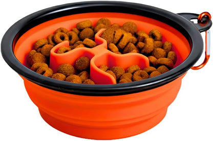 Collapsible Cat Bowl, Maze Design Pet Puzzle Feeder, 650ml Dog Slow Feeding Bowls, Dog Slow Feeding Bowl with Carabiner Portable BPA-Free Silicone Pet Bowls for Hiking, Travel, Camping - Color Orange