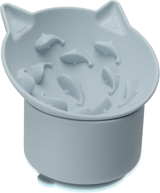 Silicone Cat Slow Feeder, Elevated Slow Feeder Bowl Tilt Design, Suitable for Dry and Wet Food, Adjustable Angle, Cat Food Puzzle with Suction Cup(Gray)