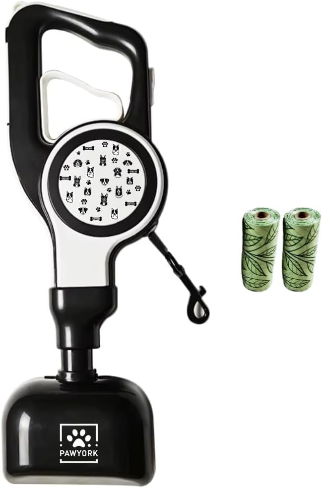 17" Pooper Scooper with Retractable Leash - 4 in 1 Dog Pet Waste Picker with Leash for Outdoor Use and 2x20 Waste Bag Rolls - Poop Scooper for Dogs