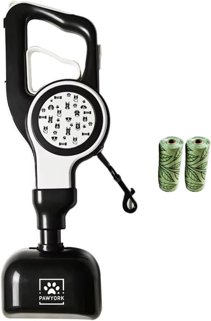 17" Pooper Scooper with Retractable Leash - 4 in 1 Dog Pet Waste Picker with Leash for Outdoor Use and 2x20 Waste Bag Rolls - Poop Scooper for Dogs