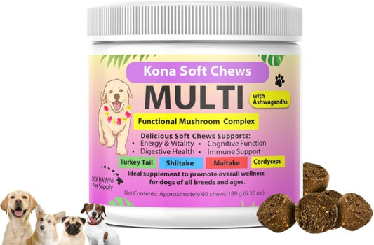Multi Vitamin Chews for Dogs with Mushroom Blend, Ashwagandha– Immune, Joint, and Digestive Health, 6.35 oz 60 Chews