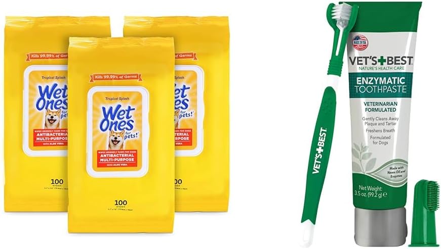Wet Ones for Pets Multi-Purpose Dog Wipes with Aloe Vera, 100 Count - 3 Pack & Vet's Best Dog Toothbrush & Toothpaste Kit - Natural Ingredients Reduce Plaque, Whiten Teeth, Freshen Breath
