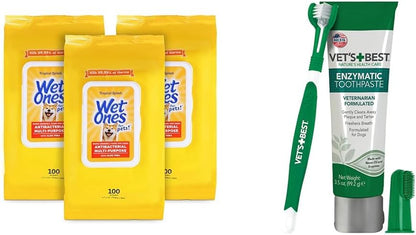 Wet Ones for Pets Multi-Purpose Dog Wipes with Aloe Vera, 100 Count - 3 Pack & Vet's Best Dog Toothbrush & Toothpaste Kit - Natural Ingredients Reduce Plaque, Whiten Teeth, Freshen Breath