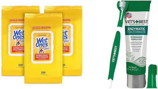 Wet Ones for Pets Multi-Purpose Dog Wipes with Aloe Vera, 100 Count - 3 Pack & Vet's Best Dog Toothbrush & Toothpaste Kit - Natural Ingredients Reduce Plaque, Whiten Teeth, Freshen Breath