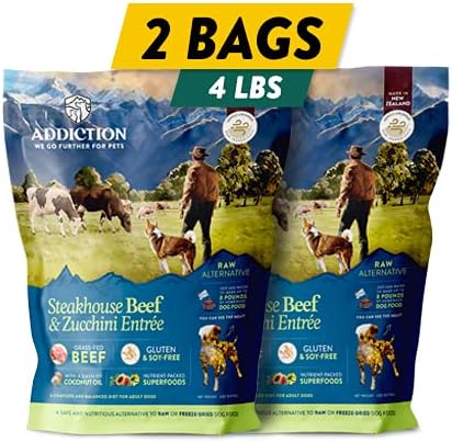 Addiction Steakhouse Beef & Zucchini Air-Dried Grain-Free Dog Food – Complete Meal or Topper with Natural Ingredients for Digestive and Skin & Coat Health, 2lb - 2 Packs