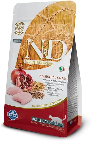 Farmina Natural And Delicious Chicken And Pomegranate Ancestral Low-Grain Formula Dry Cat Food, 3.3 Pound Bag