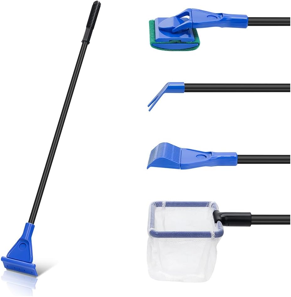 5 in 1 Fish Tank Cleaner Kit Aquarium Cleaning Tools with 19 Inch Anti-Slip Handle Fish Tank Cleaner with Algae Scraper and Fish Net