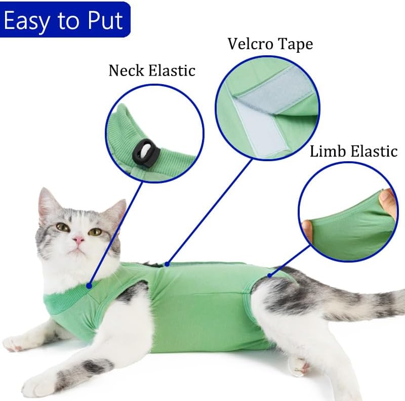 Cat Recovery Suit Cat Surgery Onesie for Female Male Cats After Surgery Spay Surgical Abdominal Wound Skin Diseases E-Collar Alternative Wear(Green, Medium)