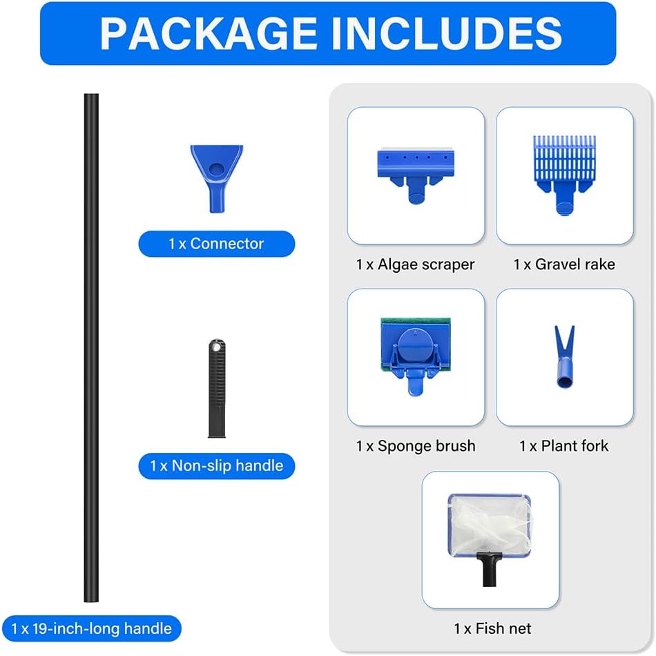 5 in 1 Fish Tank Cleaner Kit Aquarium Cleaning Tools with 19 Inch Anti-Slip Handle Fish Tank Cleaner with Algae Scraper and Fish Net
