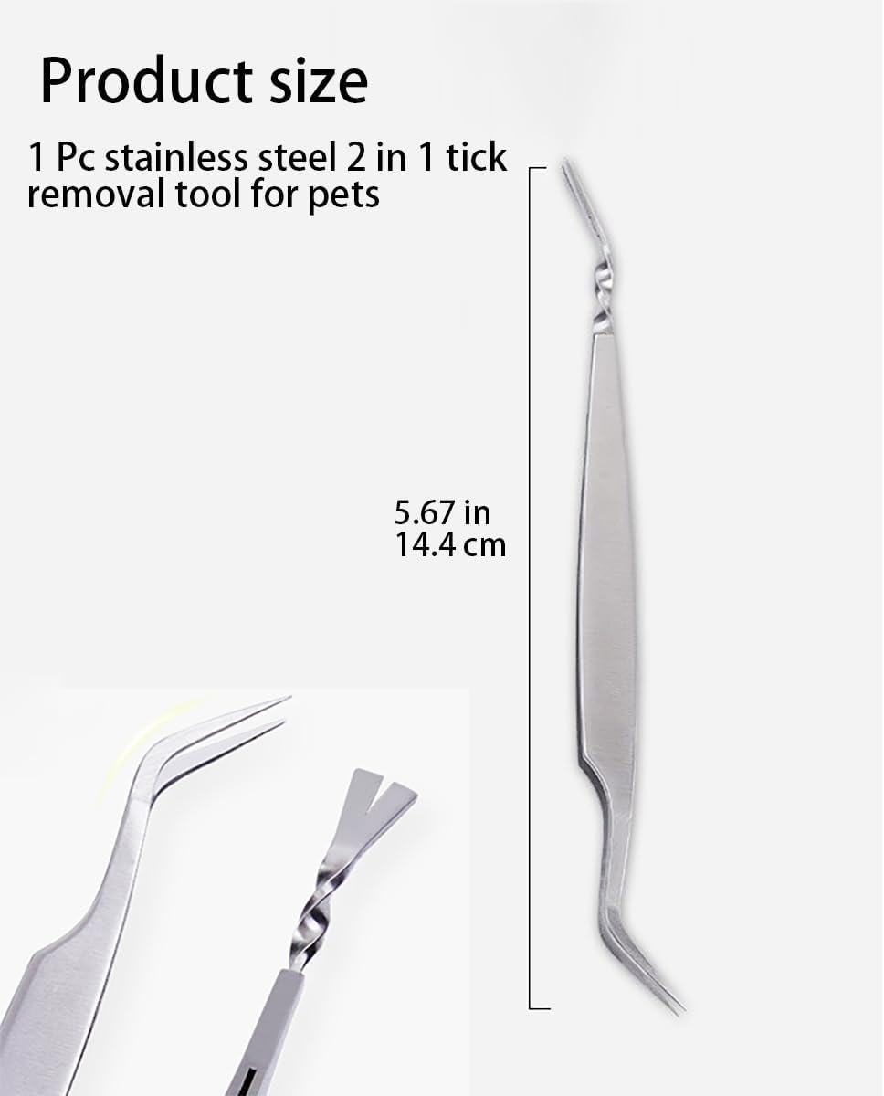 1 Pc Silver 2 in 1 Tick Removal Tool for Pets, Stainless Steel Tick Remover Tools, Professional Tick Tweezers Ticks Remover for Dogs, Cats and Humans, Flea and Tick Control