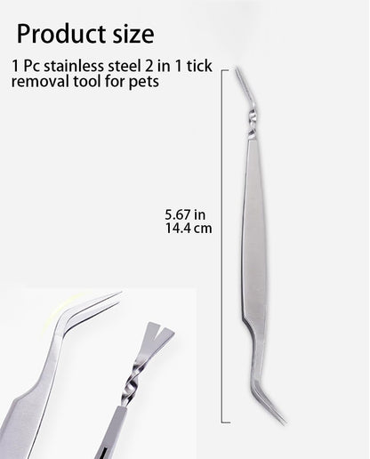 1 Pc Silver 2 in 1 Tick Removal Tool for Pets, Stainless Steel Tick Remover Tools, Professional Tick Tweezers Ticks Remover for Dogs, Cats and Humans, Flea and Tick Control