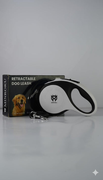 Minruko Retractable Dog Leash with LED Light – 360° Tangle-Free 16ft Heavy-Duty Nylon Tape Leash | One-Hand Brake, Pause & Lock System | Medium Dogs (White)