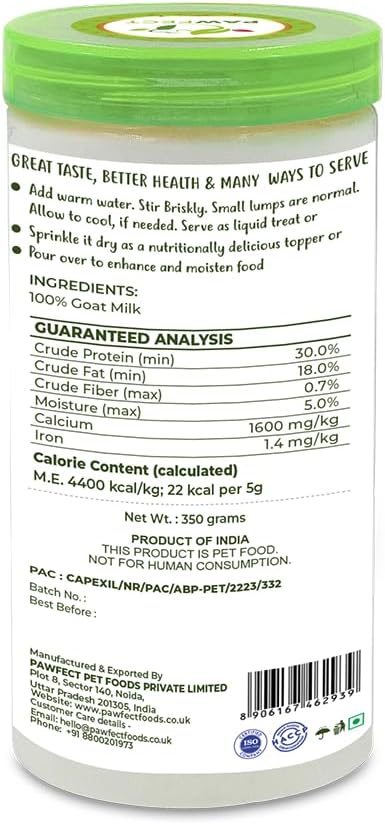 Pawfect Nature's Sip 100% Natural Goat Milk Powder for Dogs & Puppies| Easily Digestible| Source of Vitamins, Minerals, Probiotics| Healthy Topper| Hydration Support| 70 Scoops| (350g/12.34oz)