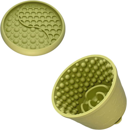 Slow Feeder Bowl Bundle: Green Frozen Lick Mat (6.0" x 1.0") + Green Starry Sky Feeder (5.3" x 3.7"), Freeze-Friendly Lick Bowl with Suction Cups for Enrichment and Anxiety Relief