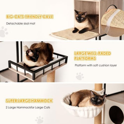 63" Multi-Functional Cat Tree with Litter Box - Includes Removable Washable Cushion, Scratching Posts & Toy Hanger, Modern Design, Rustic Gray