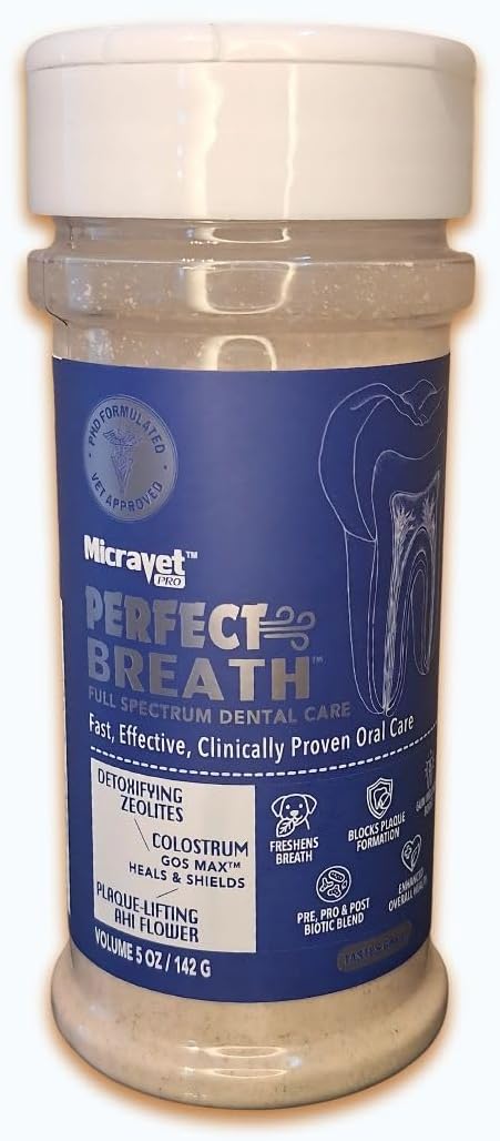 MicraVet-Perfect Breath- Dental Care Meal Topper for Dogs–Reduces Plaque & Tartar, Supports Gut Health,Natural Probiotic Oral Powder with Colostrum, Zeolites & Cranberry – Freshens Breath, 5 oz