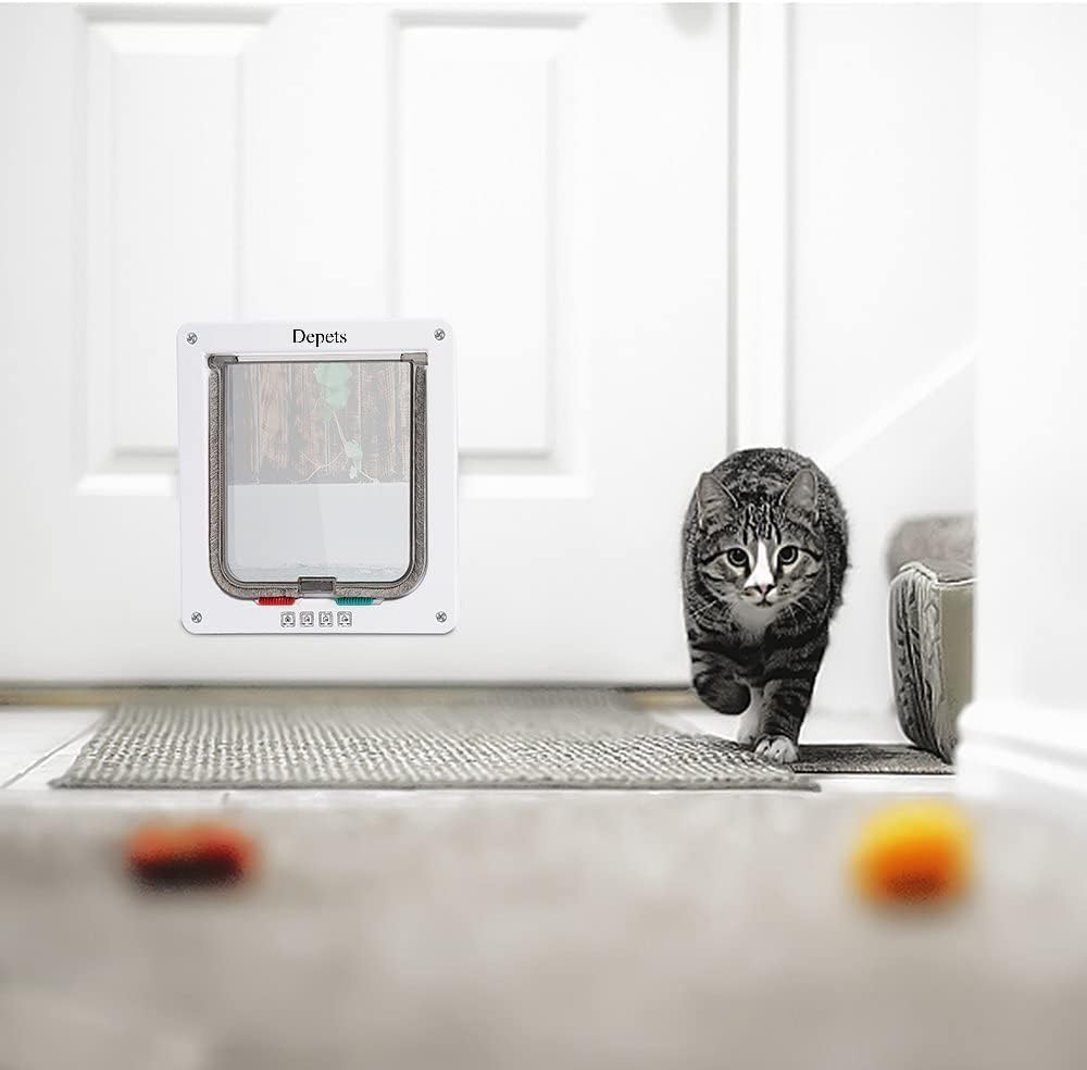 Depets Medium Cat Flap Door with 4 Way Lock (Outer Size 7.5" x 7.8"), Magnetic Pet Door Kit White, Weather-Resistant Cat Door for Cats & Doggy
