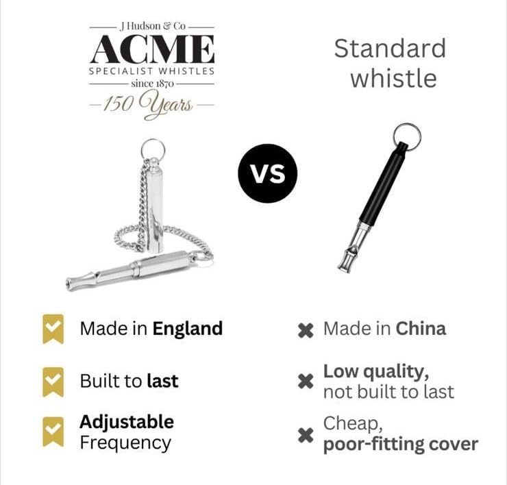 ACME original 'silent' dog training whistle no. 535. Adjustable frequency. Instruction leaflet included. Made in the UK. Good sound quality. Weather-proof. Solid brass with nickel plated finish