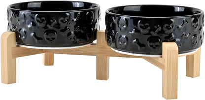 SPUNKYJUNKY Elevated Dog Bowls Ceramic, 5.1'' Dogs and Cat Food Water Bowls Raised with Non-Slip Bamboo Stand for Puppy Small Sized Breed Microwave Dishwasher Safe - 13.5 OZ,Skull Black