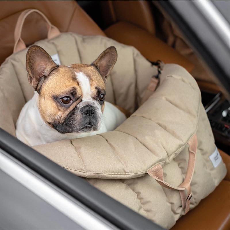 Dog Car Seat Cat Carrier Booster Seat on Car Armrest Travel Bags for Cats Dogs with Easy Carrying Strap Dog Travel Car Carrier, Dog Carry on Bag, pet Portable Bed (Beige, Large)