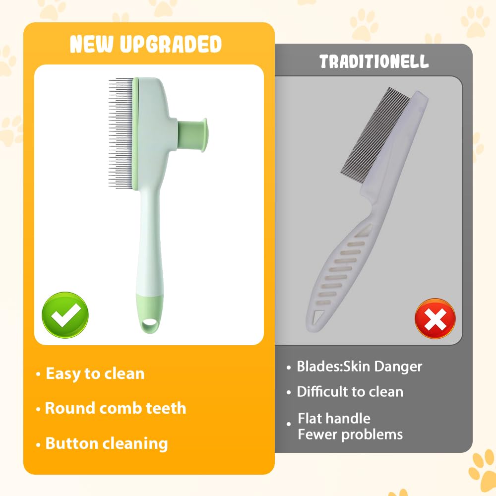 Flea Comb for Cats & Dogs, 2025 New Pet Hair Removal Comb with Release Button, Pet Grooming Brush Cat Dog Combs, Self-Cleaning Cat Brush for Short and Long Hair Cats (2 Pcs)