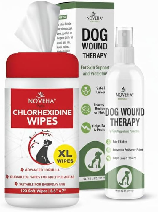 NOVEHA 1 Pack XL Pet Wipes (120 ct) + 1 Dog Wound Therapy Spray 8oz | Full‑Body Skin Care for Dogs