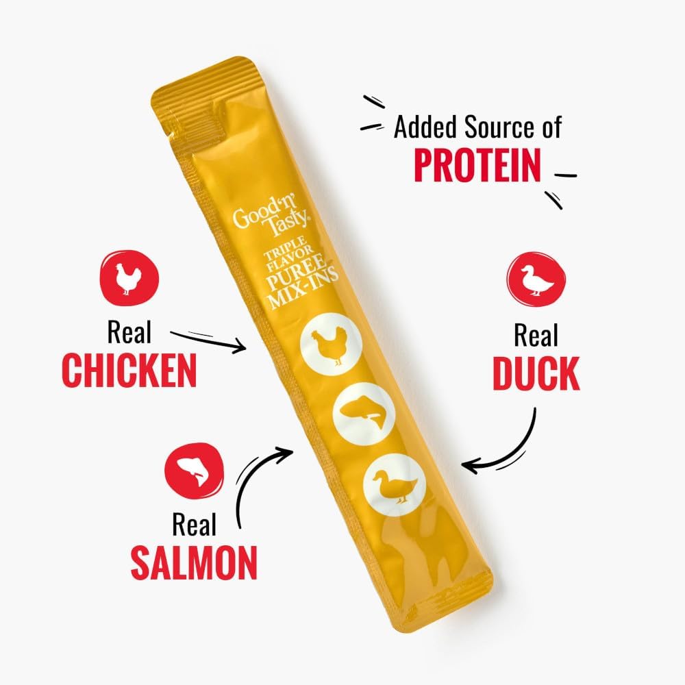 Good 'n' Tasty Triple Flavor Puree Mix-Ins Dog Food Topper Treats for All Dogs, 7 Count, Easy Single-Serve Portions, Added Protein with Chicken, Salmon and Duck (Pack of 2)