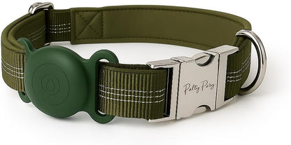 AirTag Holder Dog Collar for Large Medium Dogs, Adjustable Nylon Dog Training Collar with Quick Release Buckle, Reflective Heavy Duty Tactical Dog Collar with Handle (Army Green M)