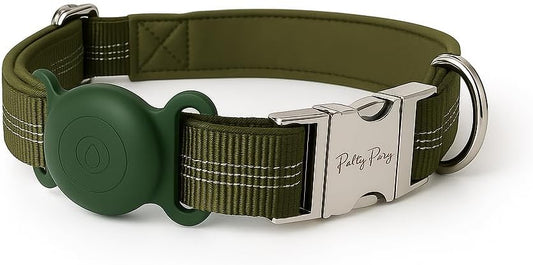 AirTag Holder Dog Collar for Large Medium Dogs, Adjustable Nylon Dog Training Collar with Quick Release Buckle, Reflective Heavy Duty Tactical Dog Collar with Handle (Army Green M)