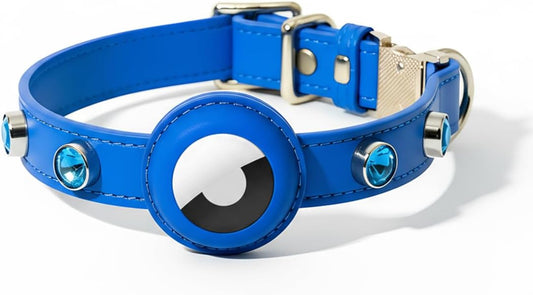 Upgraded AirTag Dog Collar - Adjustable Diamond-Studded Leather Dog Collar with Quick-Release Buckle | Luxurious Jewelry Accessory for Small, Medium, and Large Dogs (L (14"-18"))