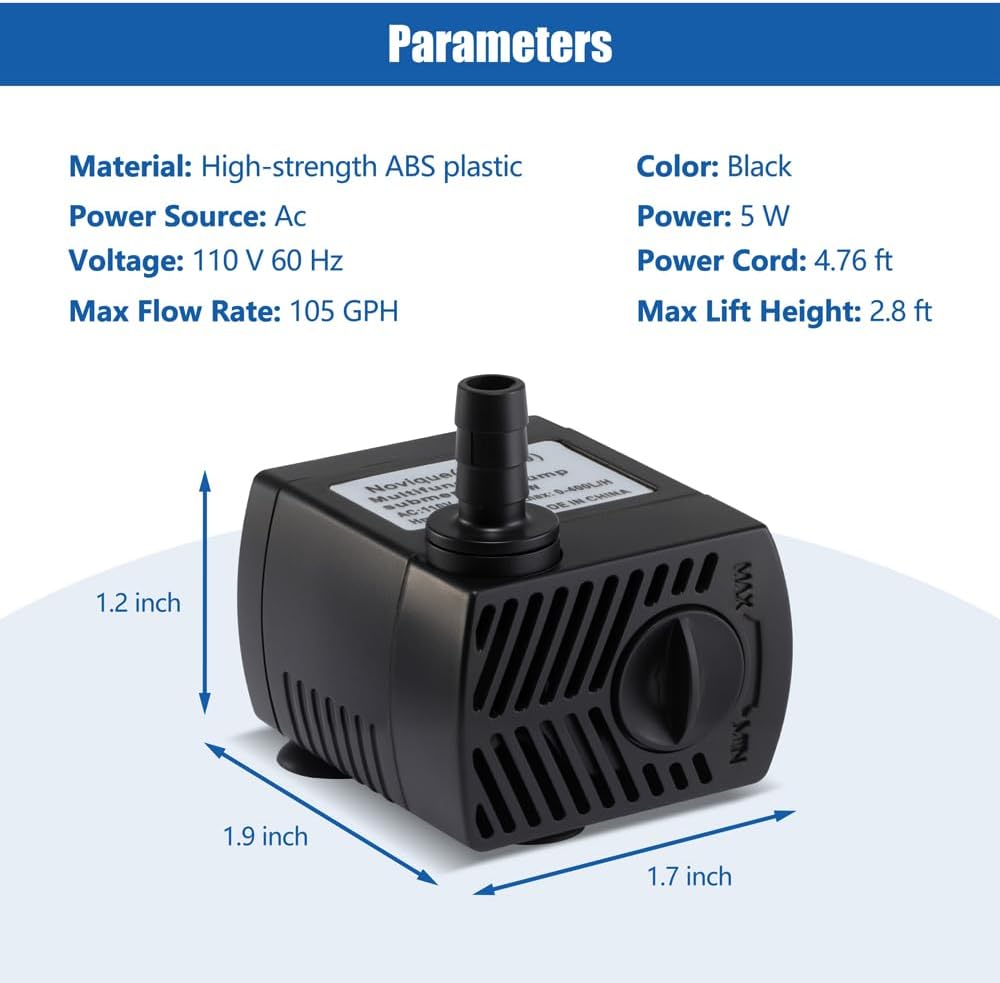 105 GPH Submersible Water Pump with 4.76ft Power Cord and 2 Nozzles 5W Ultra Quiet Mini Fountain Pump with 2.8ft High Lift Aquarium Water Pump for Fish Tank Pond Fountain Hydroponics
