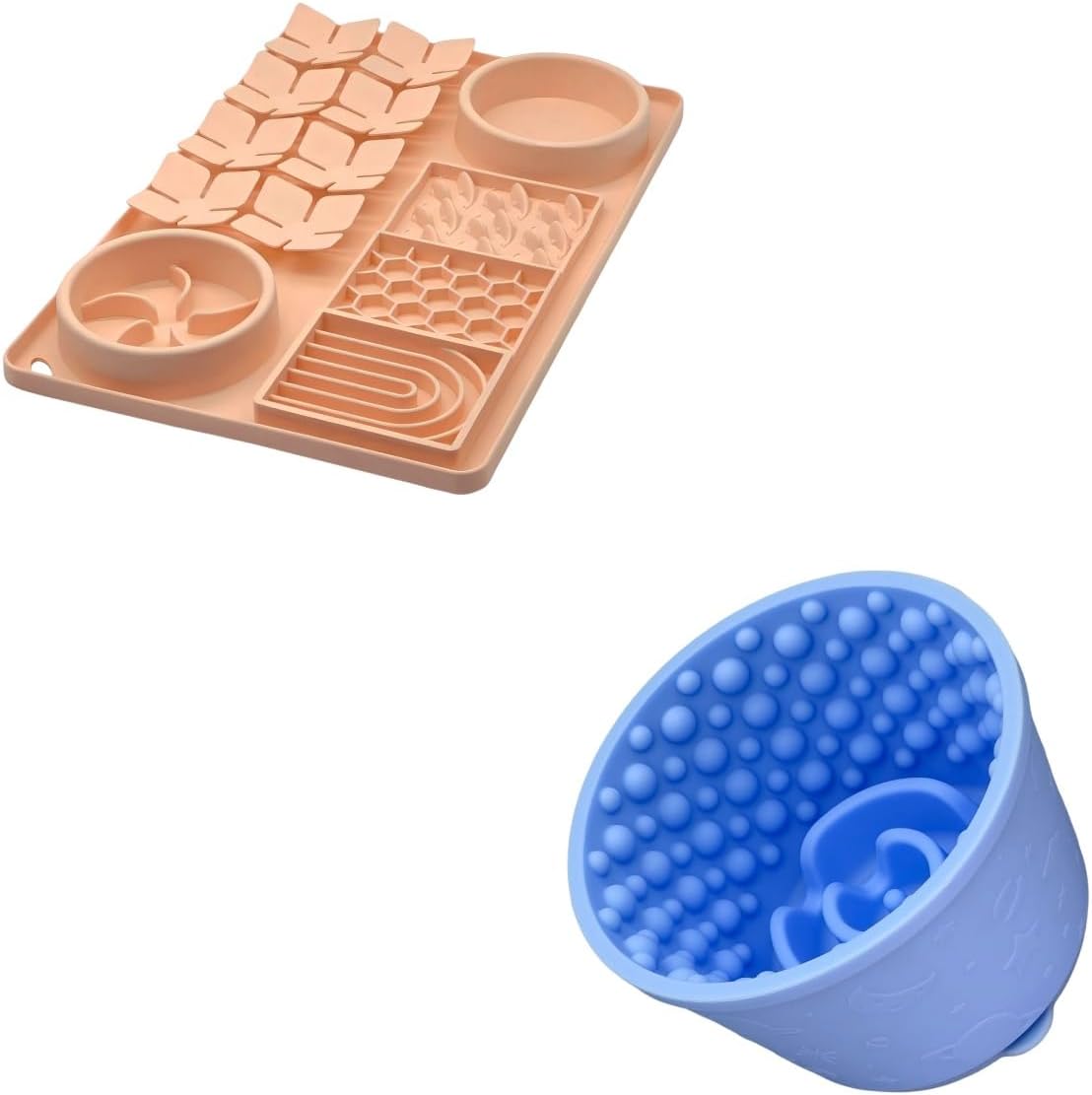 Slow Feeder Bowl Bundle: Creamy Peach 4in1 Licking mat (15.75" x 10.5" x 1.2") + Light Blue Starry Sky Feeder (4.3" x 2.9"), Silicone Lick mat with Suction Cups for Slow Eating and Keep Busy