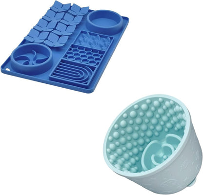 Slow Feeder Bowl Bundle: Blue 4in1 Licking mat (15.75" x 10.5" x 1.2") + Mint Green Starry Sky Feeder (4.3" x 2.9"), Silicone Lick mat with Suction Cups for Slow Eating and Keep Busy