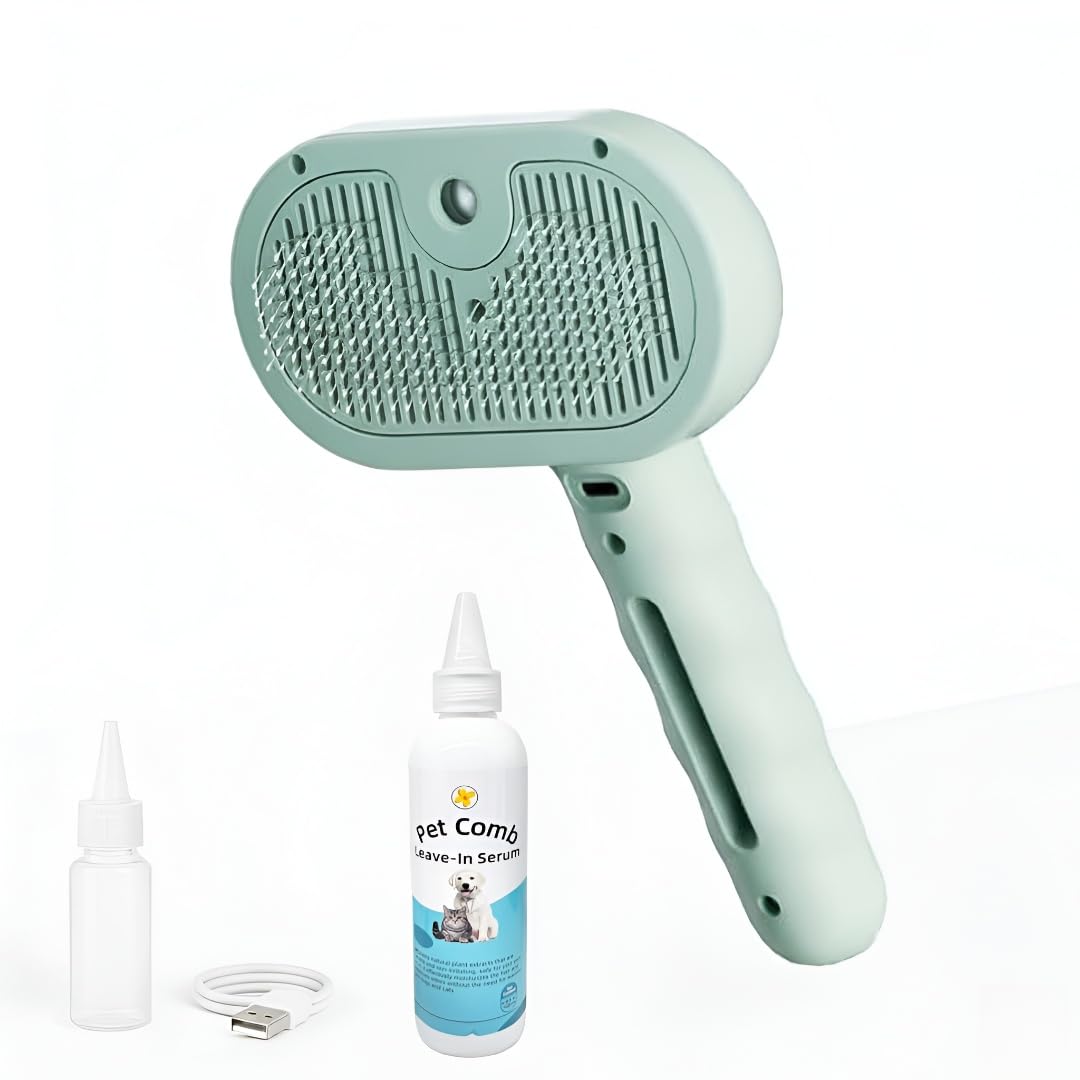Pet Steam Brush for Dog & Cat, 3 in 1 Spray Hair Removal Comb for Shedding & Grooming, Water Brush for Long & Short Haired Pets, Includes 200ml Shampoo & USB Rechargeable Design, Green