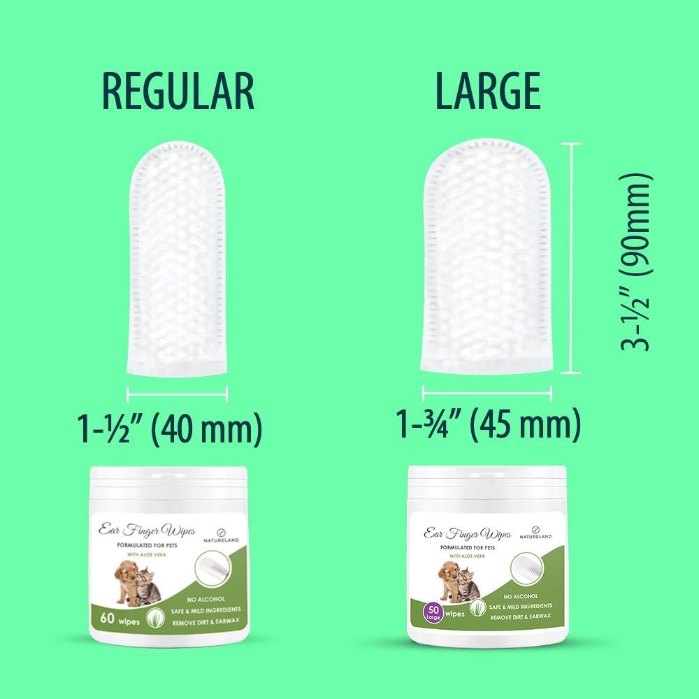 Natureland [Large Size Finger Wipes] Dog & Cat Ear Finger Wipes - Otic Cleaning Wipes for Infections and Controlling Ear Infections and Ear Odor in Pets (50 Large)