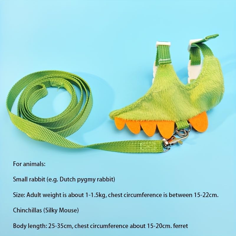Ferret Leash and Harness Set, Dinosaur Design Small Animal Harness with Leash, Adjustable & Escape-Proof, Soft Plush Comfort for Rabbits, Kitten, Bunny, Hedgehog (Green)