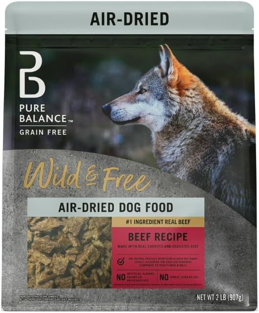 Pure Balance Air Dried Dog Food Beef Recipe for All Breeds, Grain Free Natural Nutrition with Grassfed Meat, High Protein Shredded Food for Sensitive Stomach, No Soy, No Corn, Dog Meal (2 LB, Beef)
