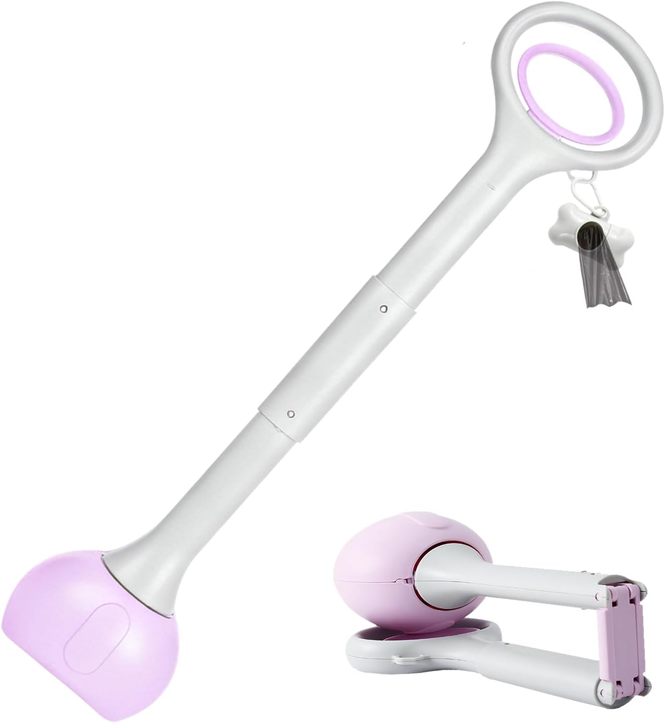 Pooper Scooper with Long Handle 28”, Heavy Duty & Foldable, No Touch Waste Pickup Tool for Large Medium Small Dogs,Portable for Lawn Grass Dirt Gravel, Includes 1 Rolls Waste Bags (Pink-Large)