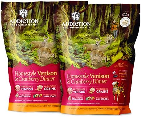 Addiction Homestyle Venison & Cranberry Dinner Air-Dried Grain-Free Dog Food – Complete Meal or Topper with Natural Ingredients for Digestive and Skin & Coat Health, 2lb - 2 Packs