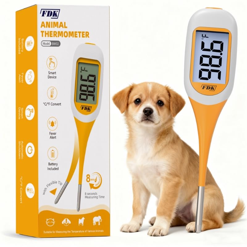 Digital Dog & Cat Thermometer for Fever Detection, 8s Fast Reading Pet Rectal Thermometer with Large LCD Screen, Comfortable Flexible Soft Tip Fever Alert °C/°F Switchable