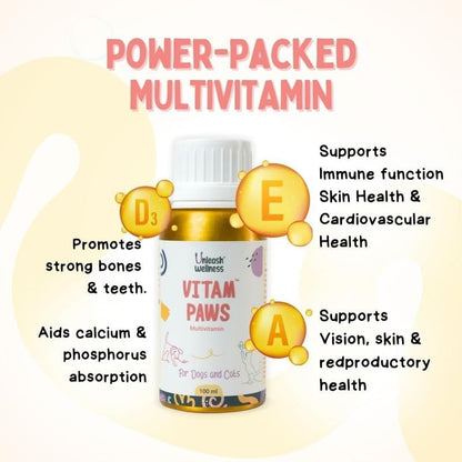 Vitam Paws Multivitamin for Dogs & Cats, Essential Vitamins & Minerals for Healthy Skin, Heart, Brain Function, Boosted Immunity & Growth, Suitable for All Breeds & Sizes (200ml)