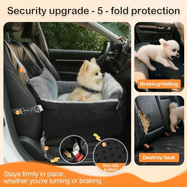 Dog Car Seat for Small Dogs with Extension Zone, Washable Car Travel Bed for Pets Up to 30Lbs, Trendy Booster Dog Seat Including Harness Clip - Black