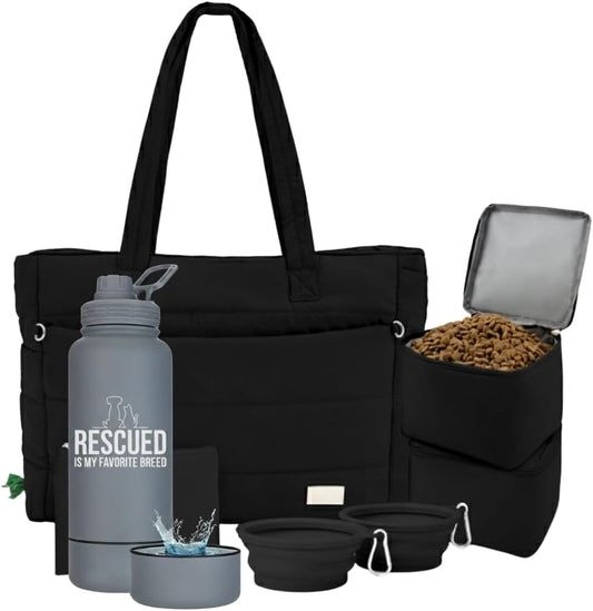rubyloo Dog Mom Essentials Bundle - Puffer Tote with Storage Containers (Black) and 32 oz Water Bottle with Detachable Bowl (Rescued is My Favorite Breed) - Travel Bag and Hydration Set
