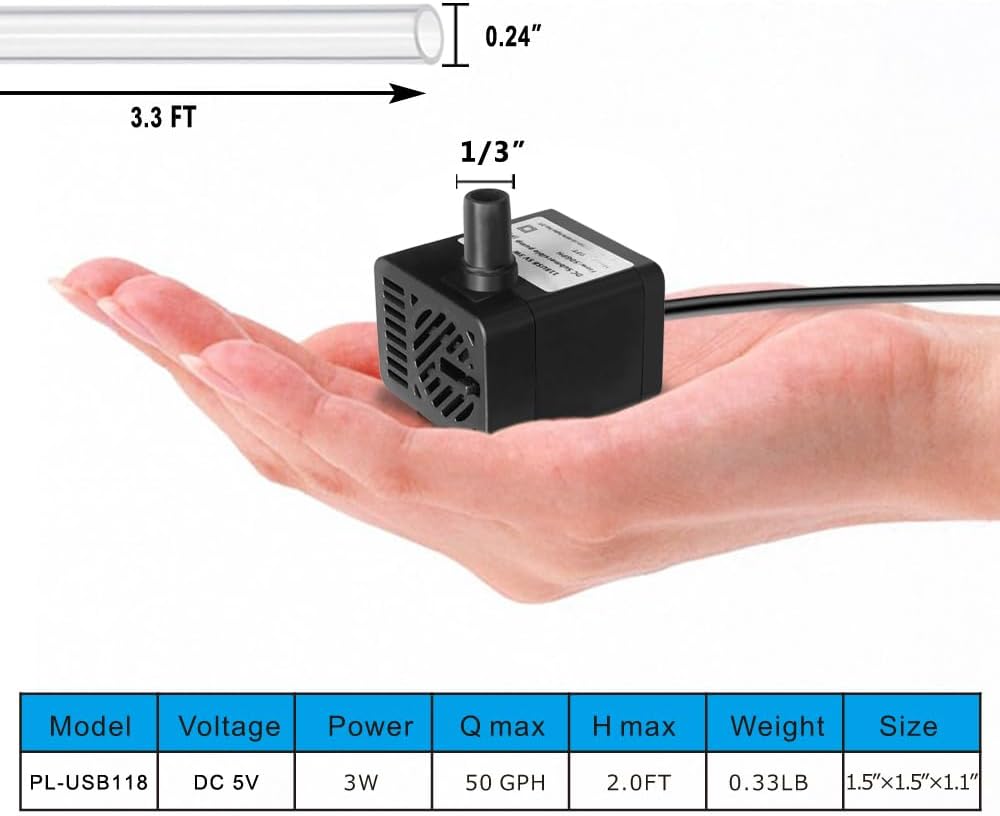 PULACO DC 5V USB Mini Submersible Water Pump with Tubing for Pet Fountain, Aquarium Fish Tank, Pond, Fountain, Hydroponics