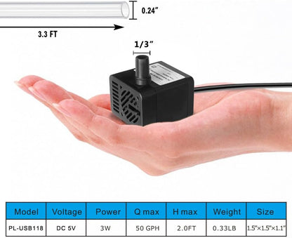 PULACO DC 5V USB Mini Submersible Water Pump with Tubing for Pet Fountain, Aquarium Fish Tank, Pond, Fountain, Hydroponics