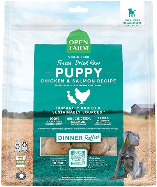 Open Farm, Freeze Dried Raw Puppy Food, Patties with 95% Meat, Organs & Bone, Complete Meal or Freeze Dried Dog Food Mixer, Chicken & Salmon Puppy Recipe, 10.5oz Bag