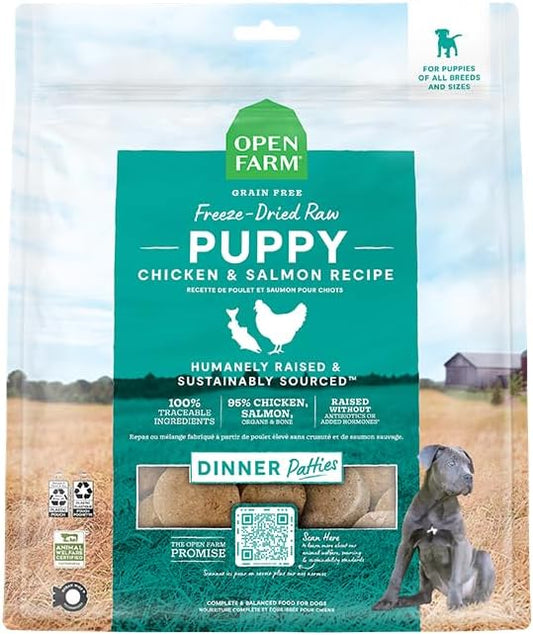 Open Farm, Freeze Dried Raw Puppy Food, Patties with 95% Meat, Organs & Bone, Complete Meal or Freeze Dried Dog Food Mixer, Chicken & Salmon Puppy Recipe, 10.5oz Bag