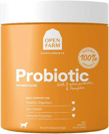 Open Farm Probiotic Chews, Dog Supplement, Dog Vitamins, Supports Normal Flora and Bowel Movement Using Traceable and Vet-Approved Ingredients, 12.7 oz, 90 Count
