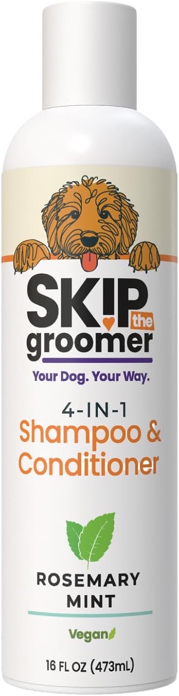 4-in-1 Dog Shampoo & Conditioner, Rosemary Mint, Cleans, Conditions, Detangles & Deodorizes, Natural, Vegan, Gentle Grooming for All Breeds & Coat Types 16 oz, Made in USA
